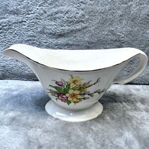 Vintage Knowles China Gravy Boat Cottagecore Floral Willow USA 1940s Gold Trim